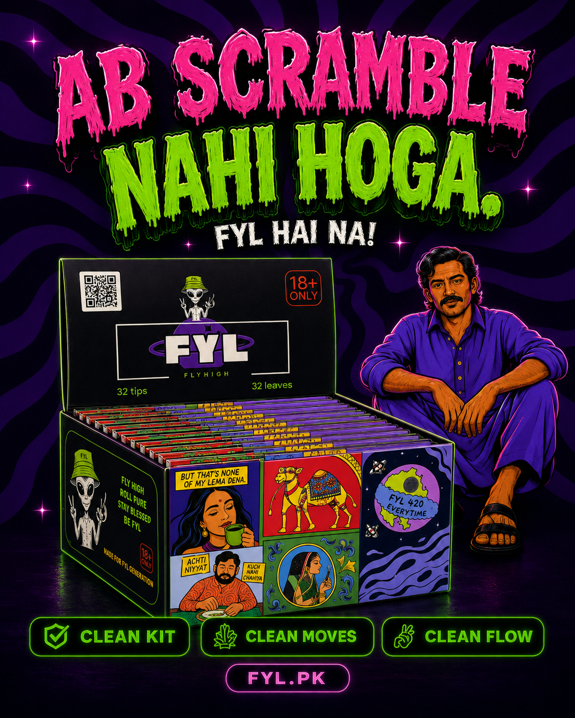 Promotional graphic for a FYL dance mixtape box set, featuring a large black display box filled with colorful vinyl records, bold pink and green text reading 'AB SCRAMBLE NAHI HOGA. FYL HAI NA!', illustrated characters, and a seated man in a purple outfit against a dark purple background.
