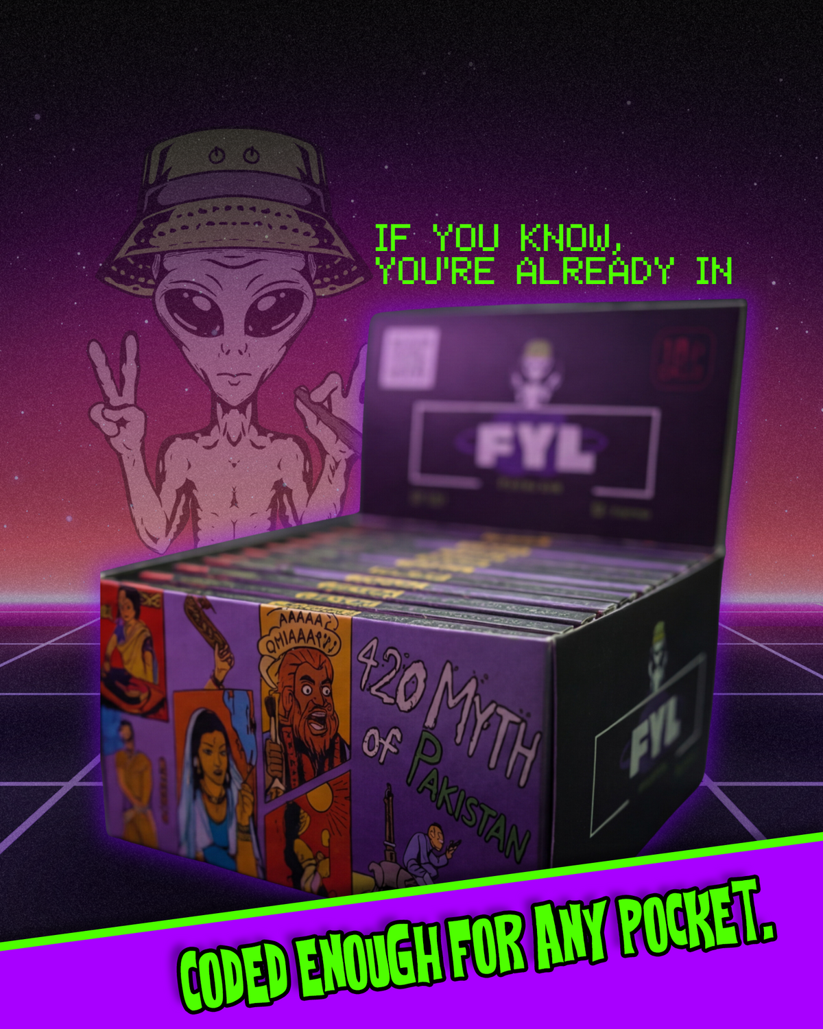 FYL rolling paper kit packaging showing 4-in-1 contents